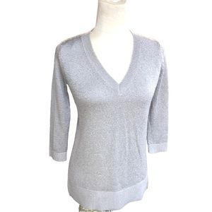 Neiman Marcus Sequin Grey Silk Cashmere Wool Knit V Neck Oversized Top Women’s